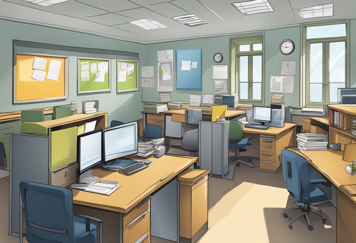 International School Resources: Enhancing Global Education Systems International school,education LearningMole International school:
A bustling school office with desks, computers, and filing cabinets. A bulletin board displays important notices and a clock hangs on the wall