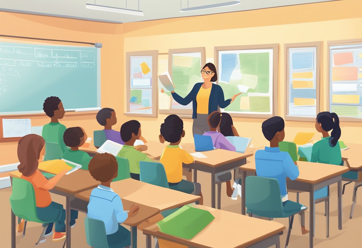 English Teaching Materials: A Guide to Effective Resources for Educators English Teaching,English LearningMole English Teaching Materials: A classroom with diverse students studying English materials, including textbooks, worksheets, and flashcards. The teacher is engaging with the students, using visual aids to explain language concepts
