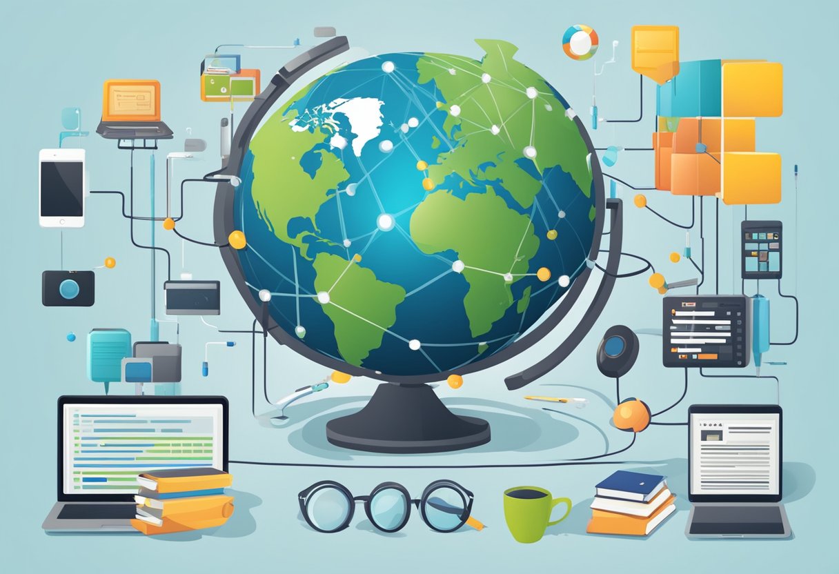 Global Education Platform: Uniting Learners Worldwide Global education,educational LearningMole Global Education Platform: A globe surrounded by interconnected digital devices and educational icons