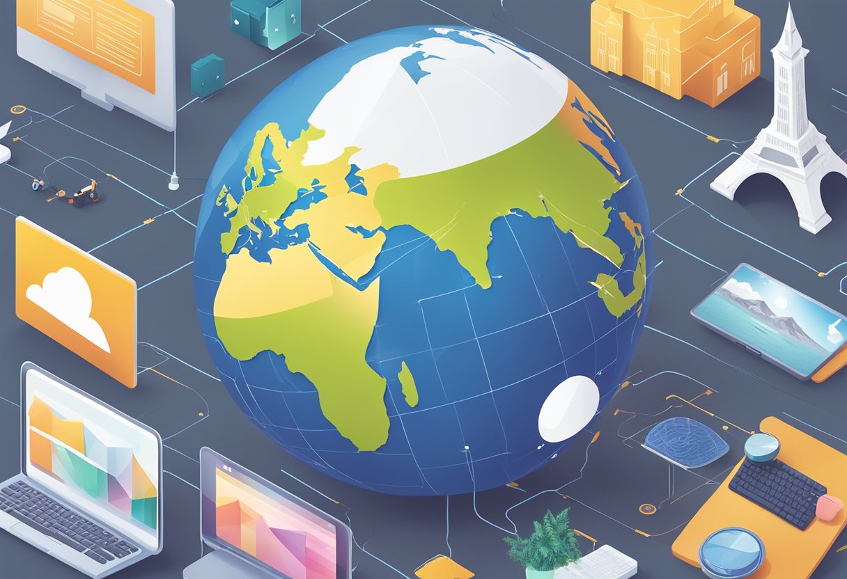 Global Education Platform: Uniting Learners Worldwide Global education,educational LearningMole Global Education Platform: A globe surrounded by diverse landmarks representing different regions, with digital devices connecting to an online education platform