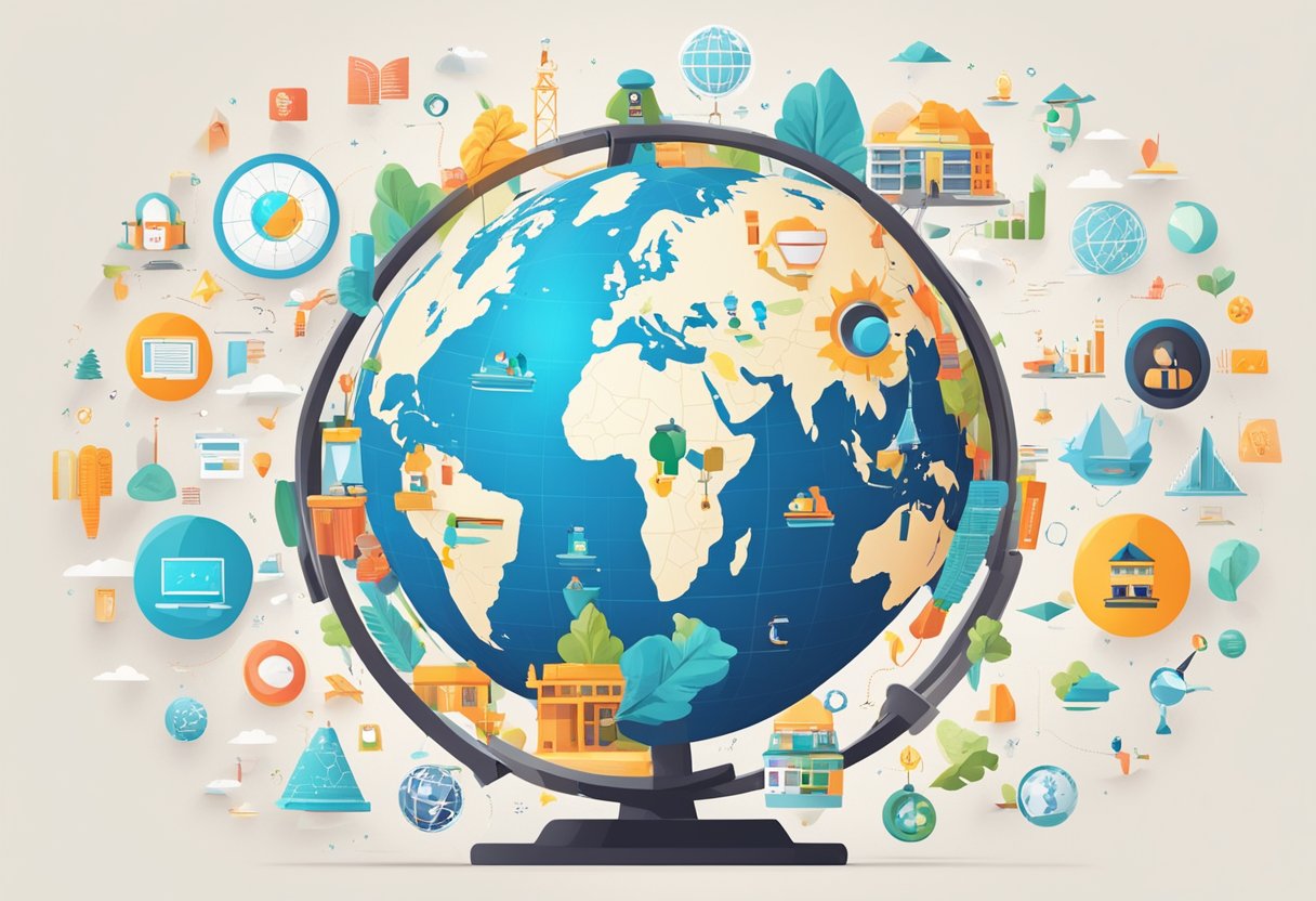 Global Education Platform: Uniting Learners Worldwide Global education,educational LearningMole Global Education Platform: A globe surrounded by diverse educational symbols and icons, with digital screens displaying educational content in multiple languages
