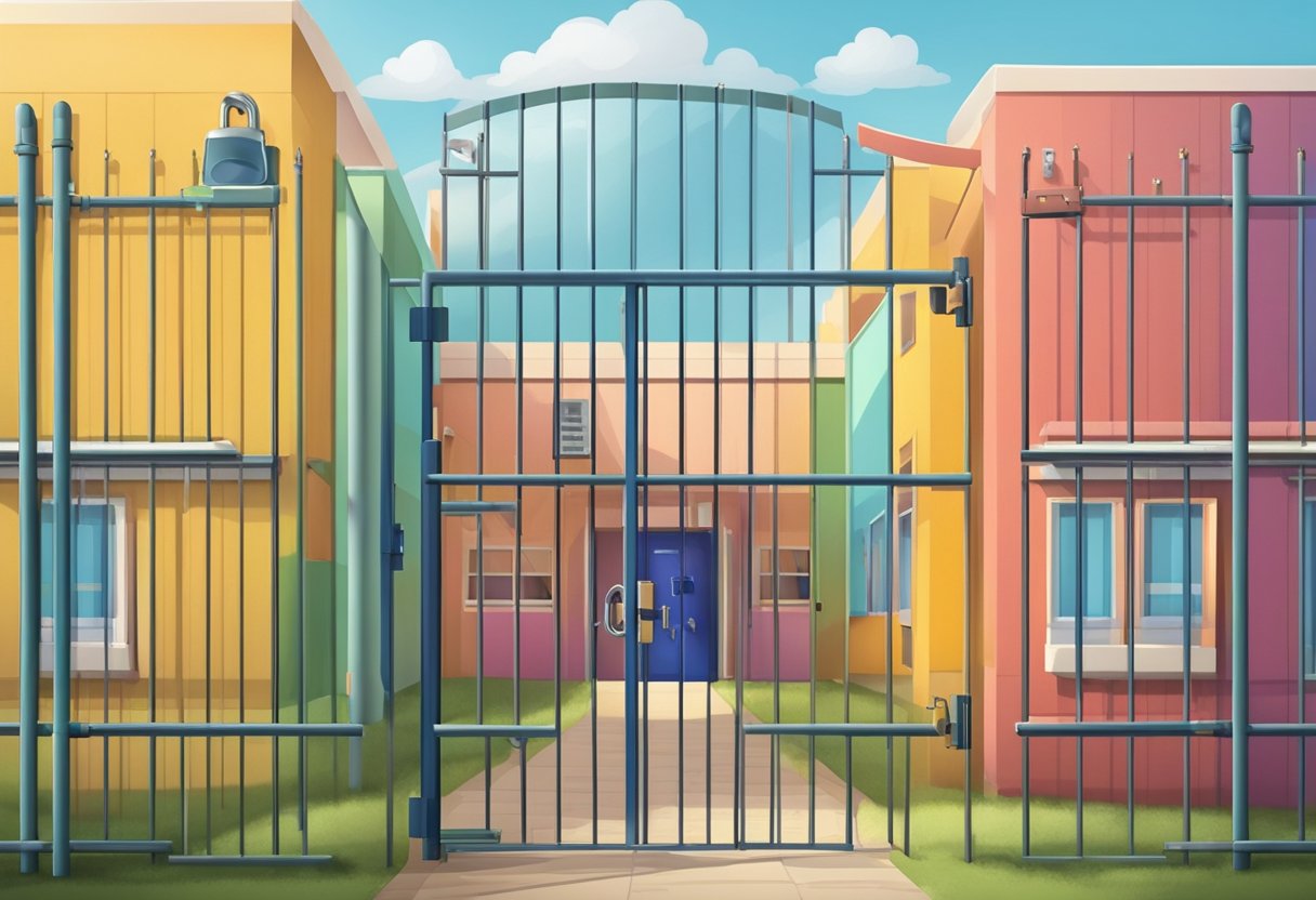 Primary School Subscription Services: Enhancing Education Through Curated Content subscription,Primary school LearningMole Primary School Subscription Services: A colorful school building with a lock and key symbol on the front gate, surrounded by a fence with a padlock