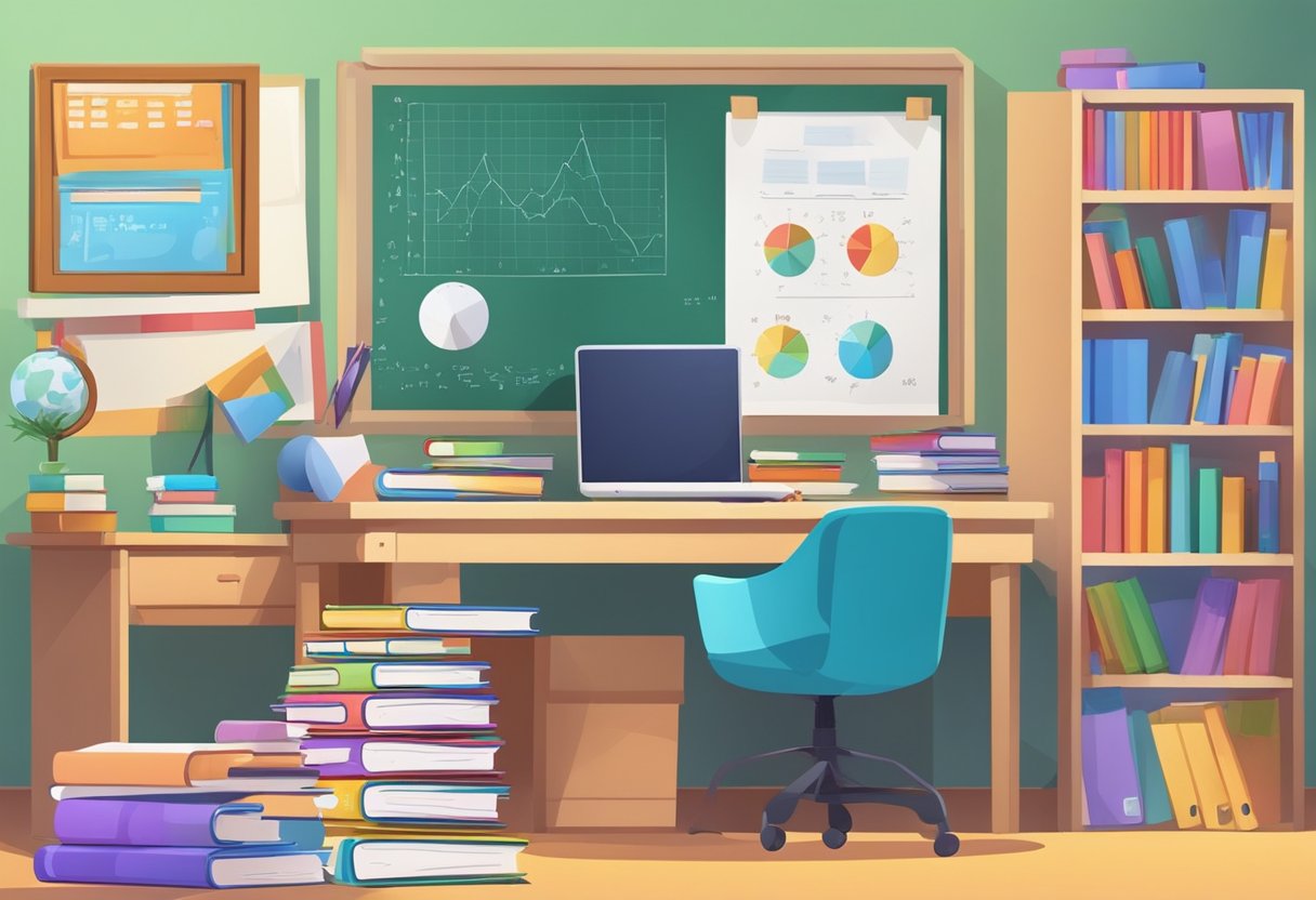 Primary School Subscription Services: Enhancing Education Through Curated Content subscription,Primary school LearningMole Primary School Subscription Services: A colorful classroom with math textbooks, workbooks, and educational posters on the walls. A teacher's desk with a computer and a stack of papers