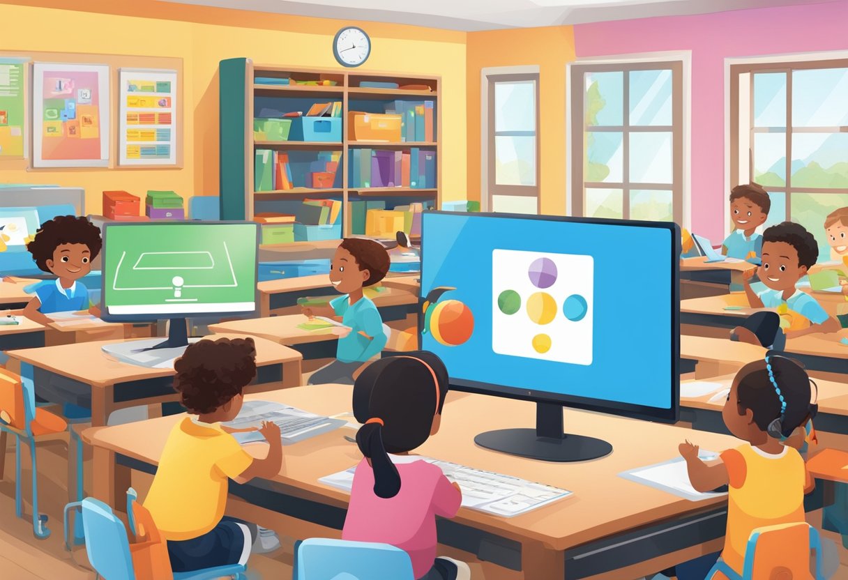 Primary School Subscription Services: Enhancing Education Through Curated Content subscription,Primary school LearningMole Primary School Subscription Services: A colorful classroom with children engaged in various activities, while a teacher uses a computer to access Twinkl's primary school subscription for educational resources