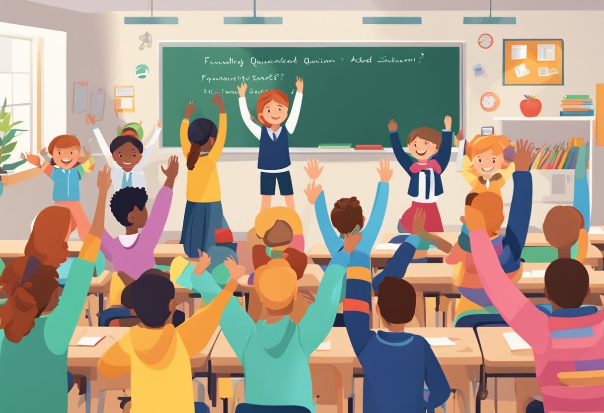 Primary School Subscription Services: Enhancing Education Through Curated Content subscription,Primary school LearningMole Primary School Subscription Services: A group of young students eagerly raising their hands in a classroom, surrounded by colorful educational materials and a chalkboard with the words "Frequently Asked Questions Primary School Subscription" written on it