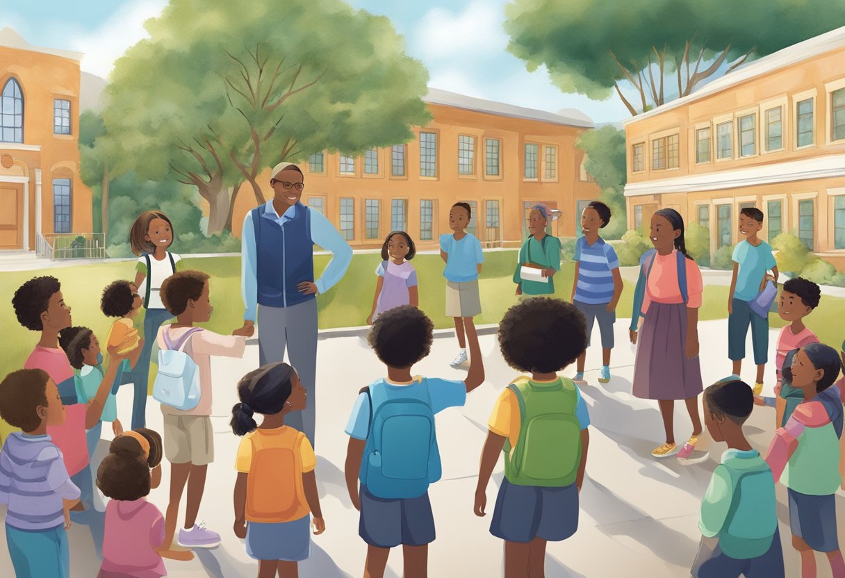 Independent School Platform: Enhancing Educational Experiences School platform,educational LearningMole Independent School Platform: A diverse group of children and adults gather around a central platform, engaging in various activities and conversations, symbolizing the creation of community connections within an independent school setting
