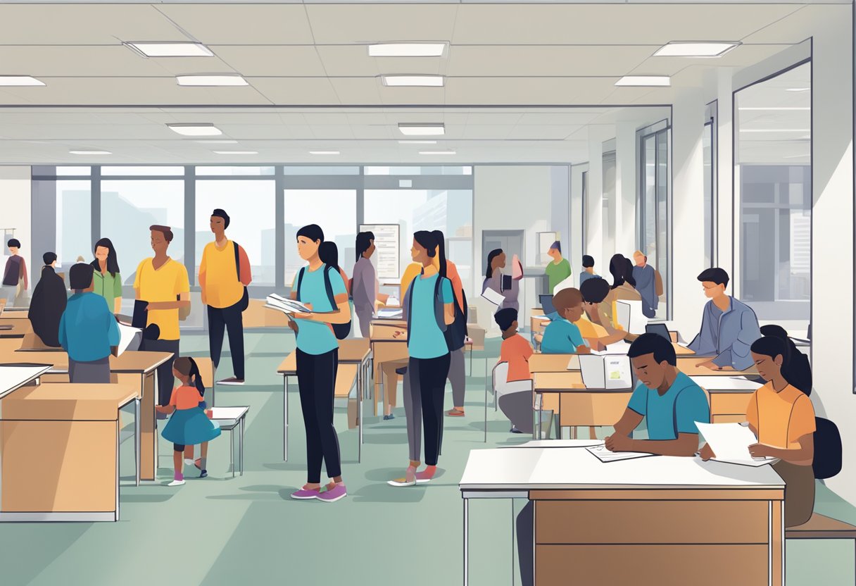 Independent School Platform: Enhancing Educational Experiences School platform,educational LearningMole Independent School Platform: A bustling school office with students and parents interacting with staff, while others fill out paperwork and wait in line
