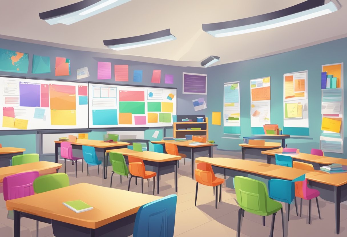 State School Teaching Materials: Enhancing Classroom Learning state school,teaching material,resources LearningMole State School Teaching Materials: A classroom with colorful posters, books, and educational tools scattered on desks and shelves. A whiteboard displays lesson plans and diagrams