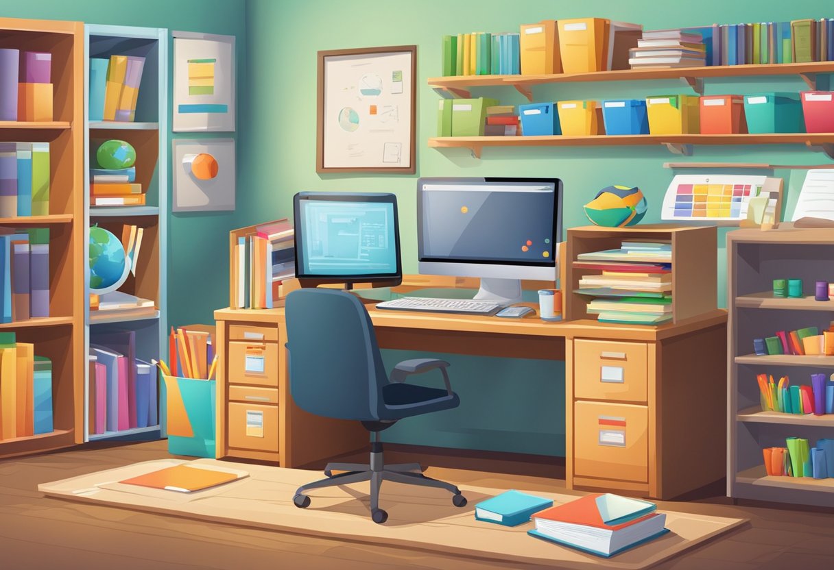 State School Teaching Materials: Enhancing Classroom Learning state school,teaching material,resources LearningMole State School Teaching Materials: A classroom with shelves of colorful, organized teaching materials, including books, charts, and manipulatives. A teacher desk with a computer and printer