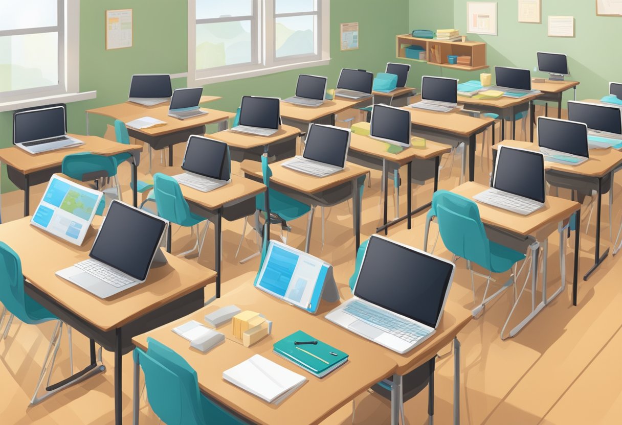 State School Teaching Materials: Enhancing Classroom Learning state school,teaching material,resources LearningMole State School Teaching Materials: A classroom setting with digital devices, textbooks, and educational materials arranged for distance and hybrid learning