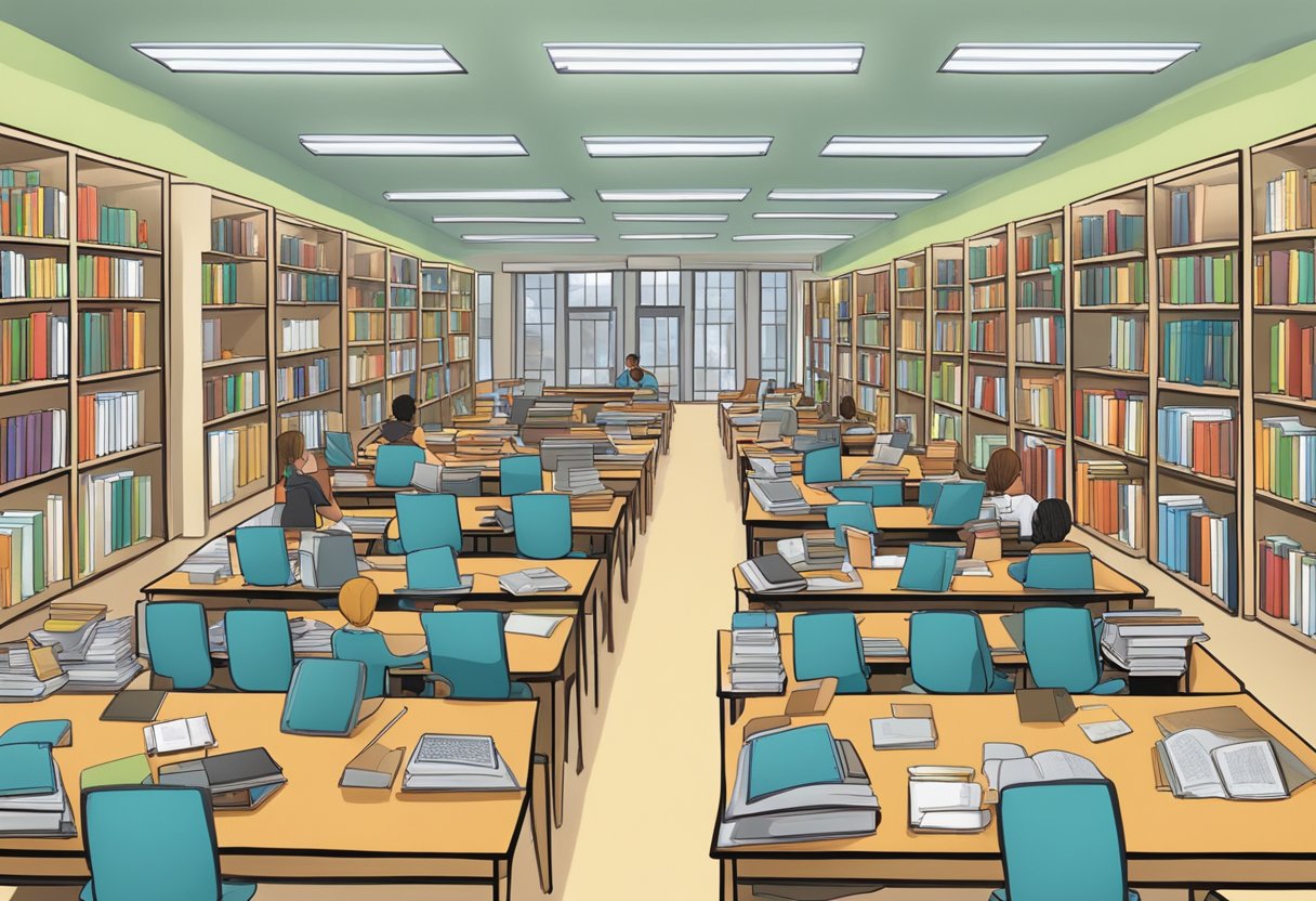 Academic Resource Access: Ensuring Equity in Educational Tools Academic resource,Academy,resources LearningMole Academic Resource Access: A library with rows of books, computers, and study tables, surrounded by students and teachers accessing academy resources