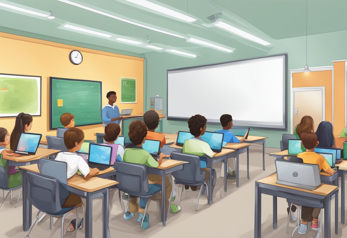 Academic Resource Access: Ensuring Equity in Educational Tools Academic resource,Academy,resources LearningMole Academic Resource Access: A classroom with students using laptops, tablets, and interactive whiteboards for learning