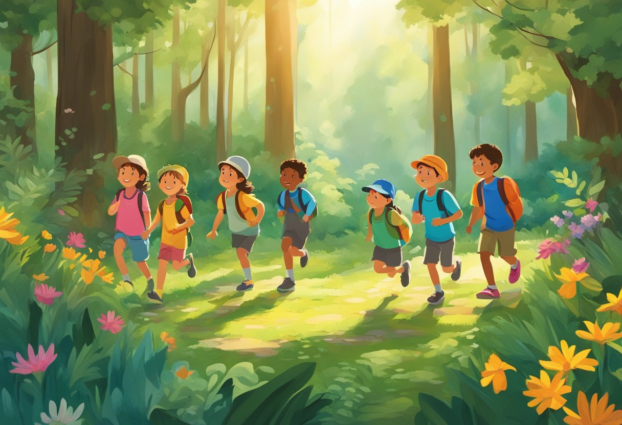 Environmental Studies for Kids: A group of children explore a lush forest, observing wildlife and learning about conservation. The sun shines through the trees, and colorful flowers bloom along the forest floor