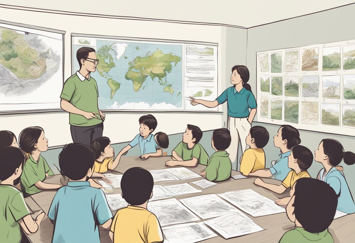 Environmental Studies for Kids: A group of children gathered around a teacher, pointing at various pictures and diagrams of nature and wildlife. The teacher is animatedly answering their questions about environmental studies