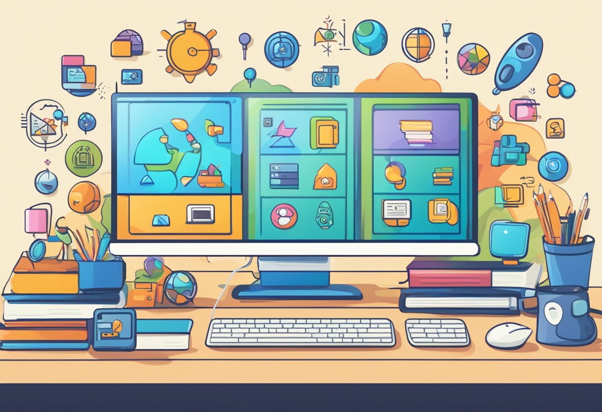 Online Educational Games Resource Guide: Fun Learning Options for UK Students Online Educational Games,educational games,games LearningMole Online Educational Games Resource Guide: A computer screen surrounded by various icons and symbols representing different educational games and resources, with a stylus or mouse pointer selecting one of them