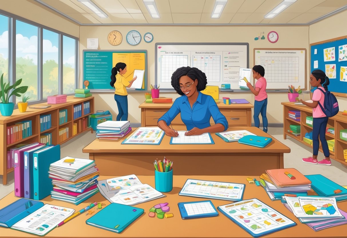 Classroom Resources: Essential Tools, Lesson Plans & Teaching Aids Classroom resources,resources LearningMole A teacher organising and adapting various classroom materials at a desk while students work together in the background in a bright classroom.