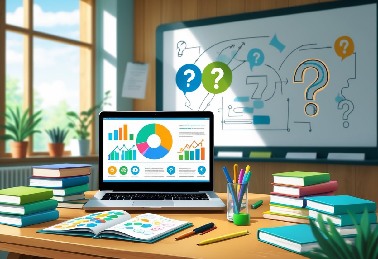 Teaching Materials: Essential Classroom Resources for Educators Teaching Material,resources LearningMole Teaching Materials: A tidy desk with a laptop, books, and stationery in a bright room featuring a whiteboard with diagrams and question marks.