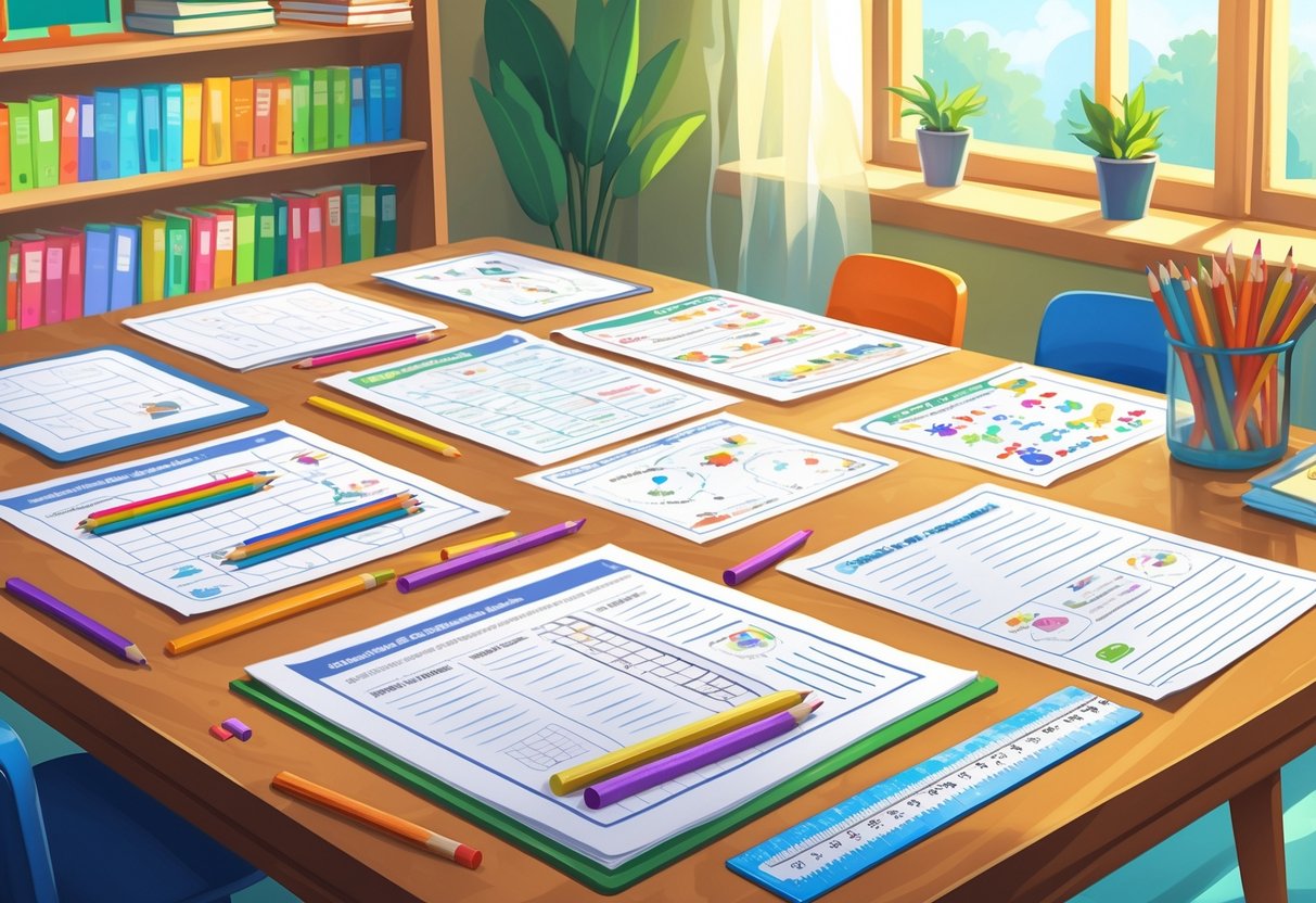 Educational Resources: Comprehensive Guide to Teaching Tools educational resources,Resources LearningMole Educational Resources: A desk with worksheets, pencils, markers, and rulers, with a bookshelf in the background and natural light coming through a window.