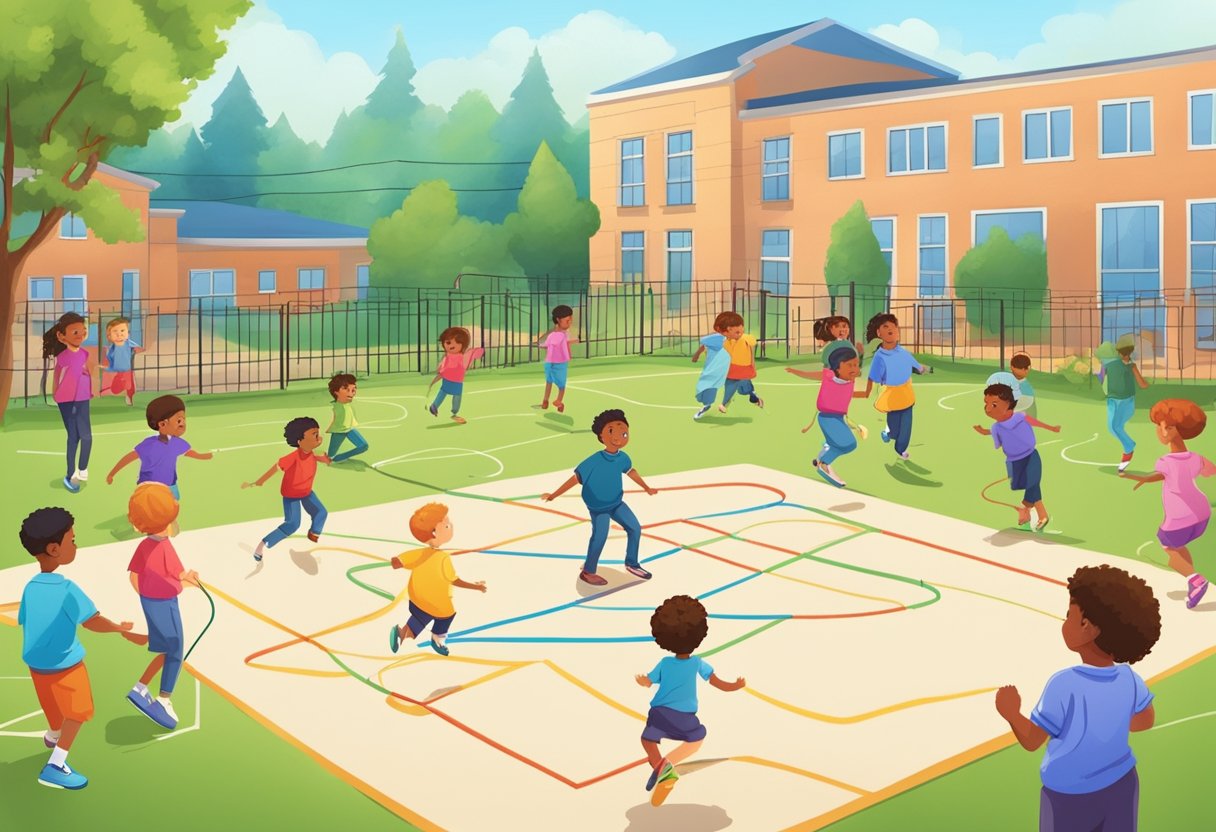 Historic School Yard Games: A Trip Down Memory Lane School Yard Games,school,yard,games LearningMole Children playing hopscotch and jump rope in a school yard, with a group gathered for a game of tag in the background