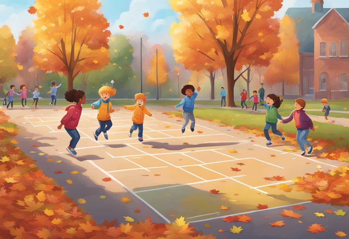 Historic School Yard Games: A Trip Down Memory Lane School Yard Games,school,yard,games LearningMole Children playing hopscotch and jump rope in a school yard filled with colorful autumn leaves