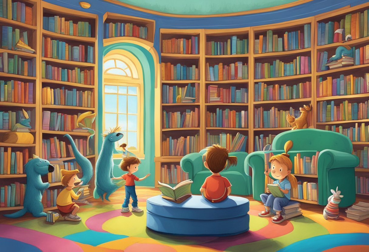 Dr Seuss Quotes for Kids: Inspiring Words for Little Learners Seuss Quotes,child LearningMole A whimsical library with colorful bookshelves and playful characters from Dr. Seuss's stories, surrounded by curious children