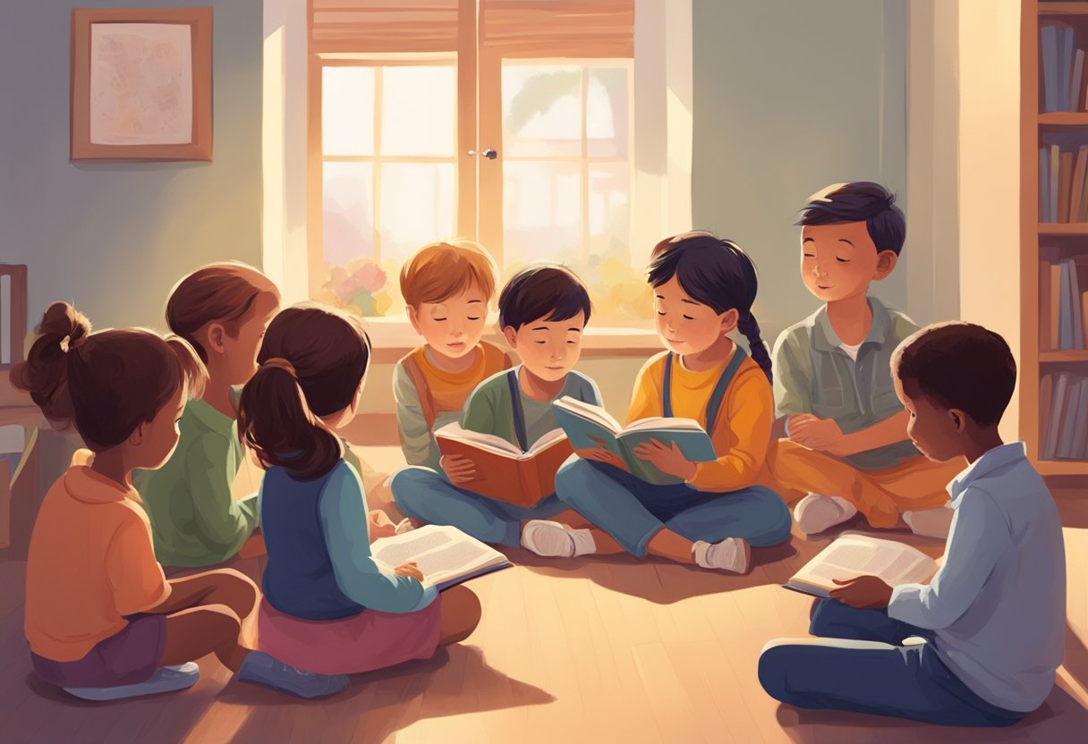 Quotes for Kids: Inspiring Messages for Young Minds Quotes for Kids,child LearningMole A group of children sitting in a circle, listening attentively as an adult reads from a book of special quotes. The room is filled with warmth and curiosity