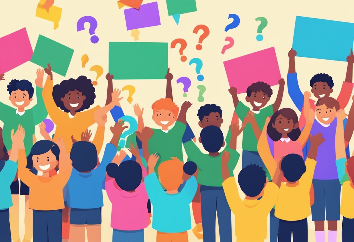 Quotes for Kids: Inspiring Messages for Young Minds Quotes for Kids,child LearningMole A group of children gathered around a colorful sign with question marks, eagerly raising their hands to ask questions