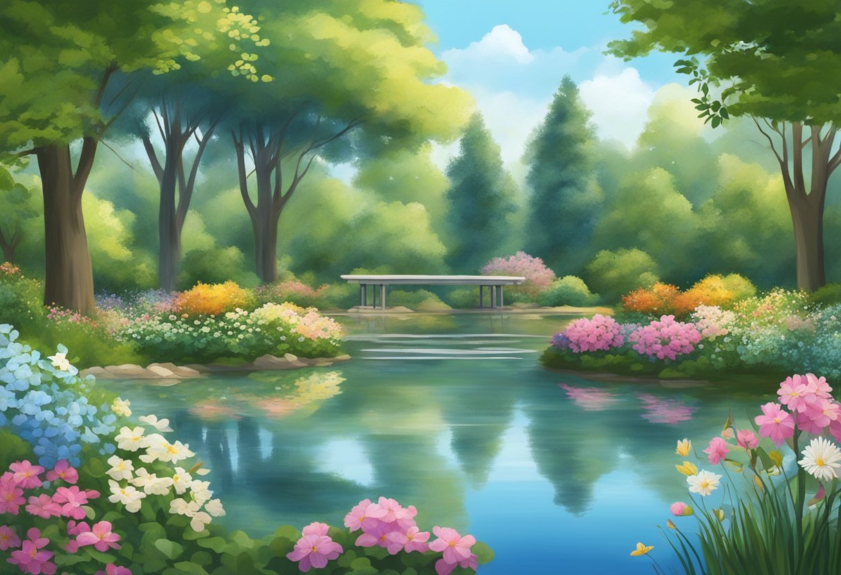 Inspirational Quotes for Kids: Empowering Young Minds for a Brighter Future Inspirational quotes,power,Inspiration LearningMole A serene garden with blooming flowers and a peaceful pond, surrounded by tall trees and a clear blue sky