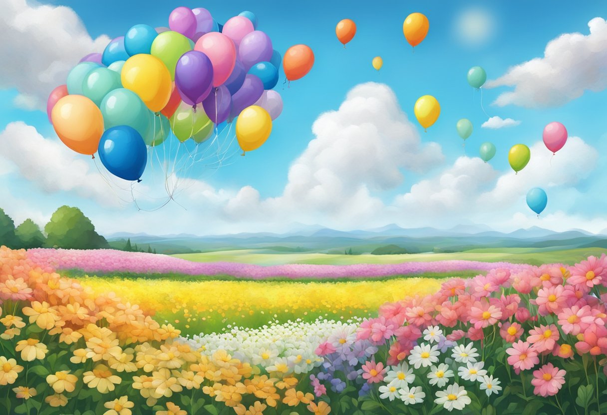 Uplifting Quotes for Kids: Empowering Words to Inspire Confidence Uplifting Quotes,children LearningMole A group of colorful balloons floating above a field of blooming flowers, with a bright blue sky and fluffy white clouds in the background
