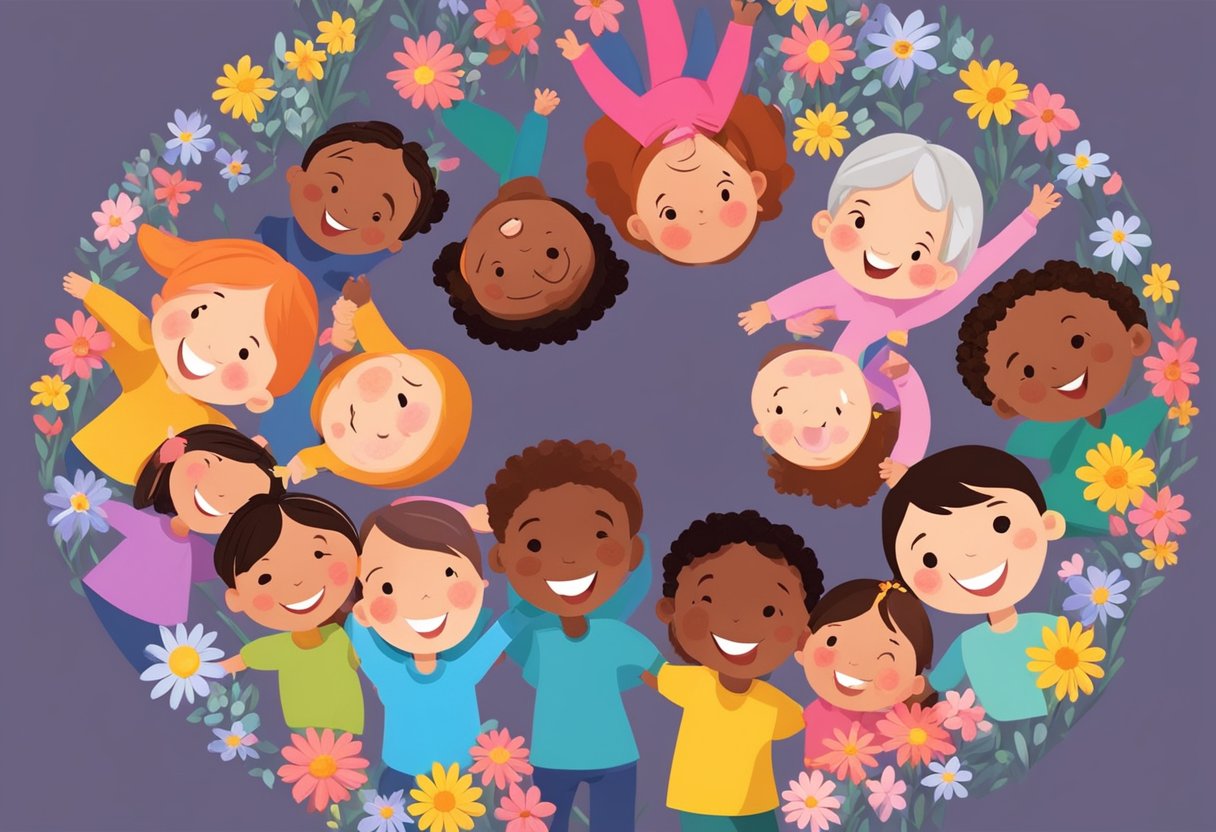 Monday Quotes for Kids: Inspiration to Kick-Start the Week Monday quotes,quotes,Monday LearningMole A group of children smiling and holding hands in a circle, surrounded by colorful flowers and butterflies