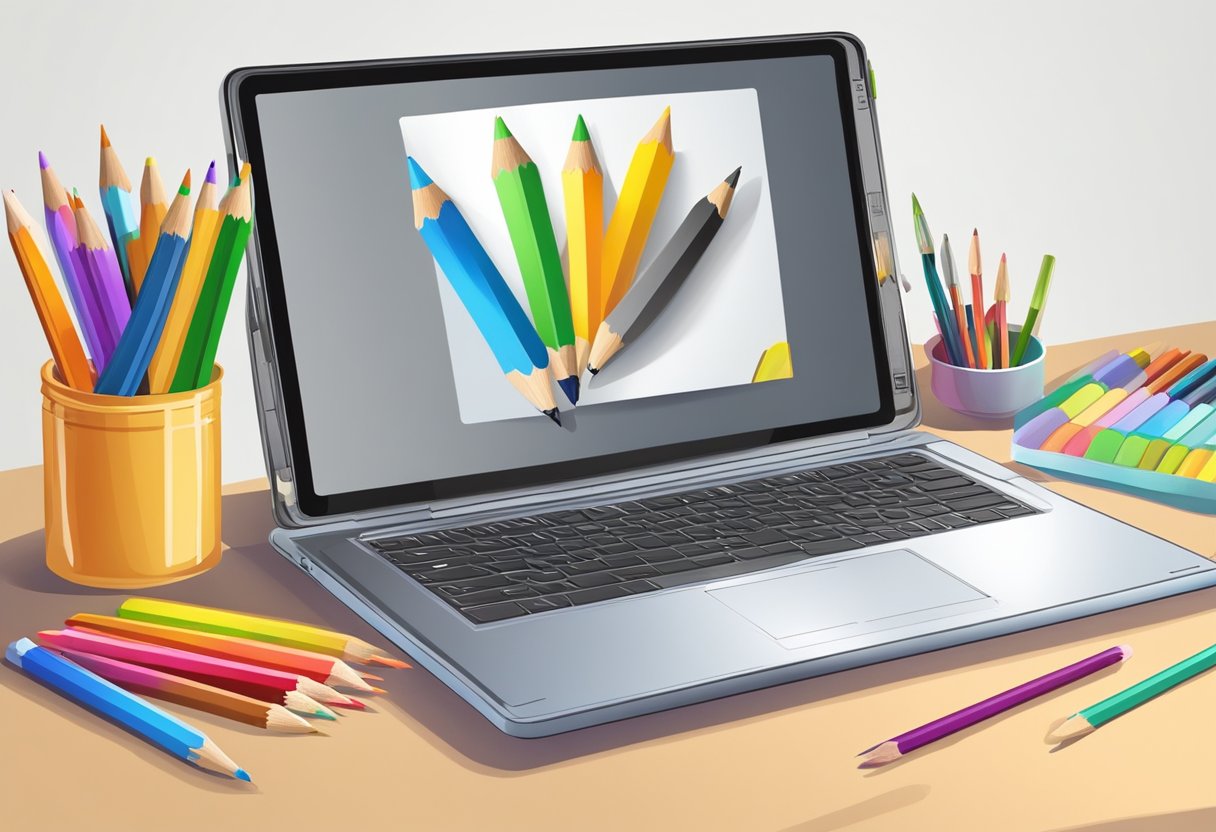 Online Learning - Maximising Engagement in Digital Classrooms Online Learning,digital LearningMole Online Learning: A laptop surrounded by colorful pencils, paintbrushes, and a tablet, with a blank canvas on the screen