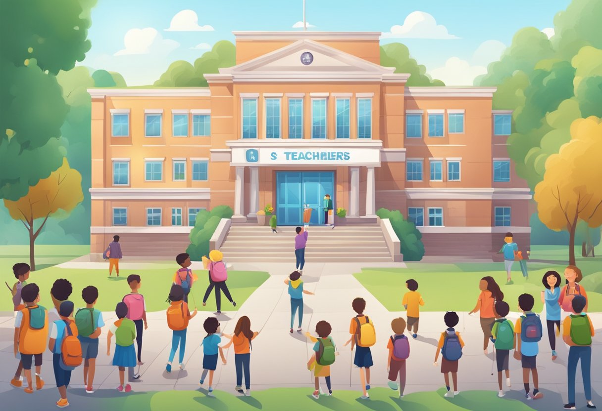 School Management System Pricing: Understanding Costs for Educational Institutions school management,pricing LearningMole School Management System Pricing: A school building with an open door and a welcoming sign, surrounded by happy children and parents interacting with teachers and staff