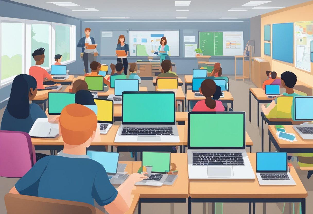 School Digital Solutions: Enhancing Modern Education through Technology digital solutions,digital LearningMole School Digital Solutions: A classroom with students using laptops and tablets, while a teacher monitors their online activity. Security software is visible on the screens