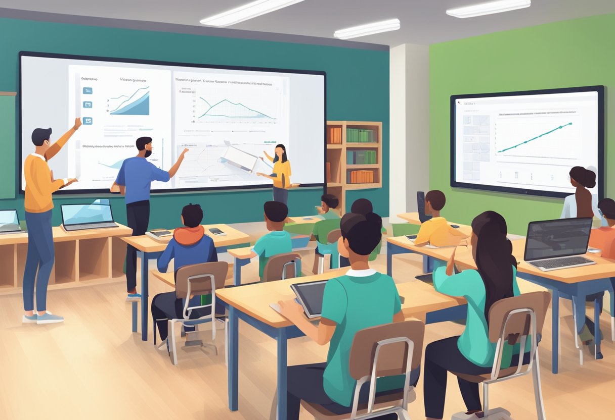 Classroom Planning Software: Streamlining Lesson Organisation for Teachers classroom planning,classroom management,classroom LearningMole Classroom Planning Software: A classroom with students using tablets and laptops, while the teacher manages the lesson with classroom planning software on a large interactive display