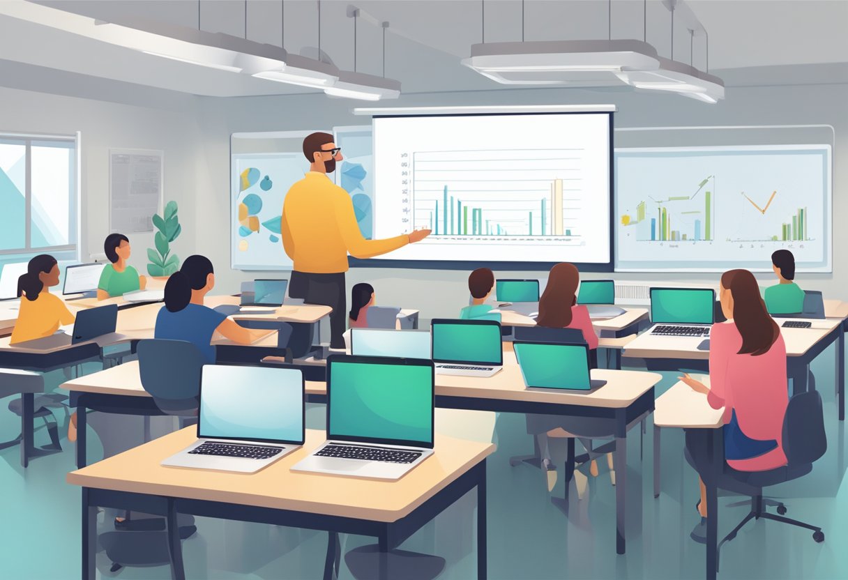 Classroom Planning Software: Streamlining Lesson Organisation for Teachers classroom planning,classroom management,classroom LearningMole Classroom Planning Software: A teacher at a desk surrounded by digital devices and a large interactive whiteboard, planning a lesson using classroom planning software