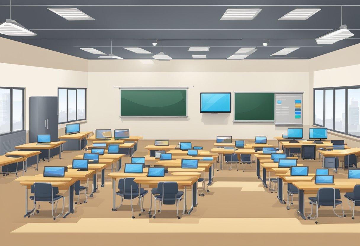 Classroom Planning Software: Streamlining Lesson Organisation for Teachers classroom planning,classroom management,classroom LearningMole Classroom Planning Software: A classroom with rows of desks and a smart board, with a computer displaying a learning management system