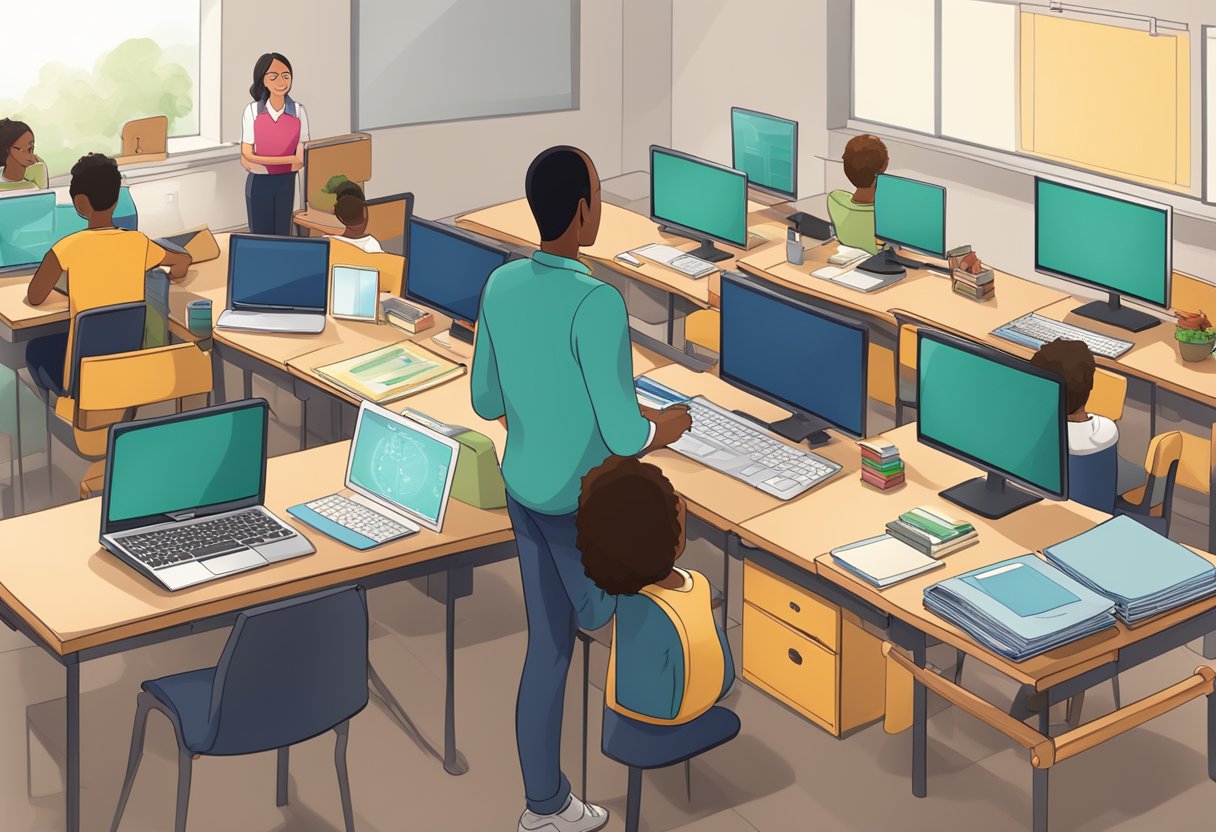 Classroom Planning Software: Streamlining Lesson Organisation for Teachers classroom planning,classroom management,classroom LearningMole Classroom Planning Software: A teacher at a desk with a computer, surrounded by students and various classroom materials, with a software interface displayed on the computer screen