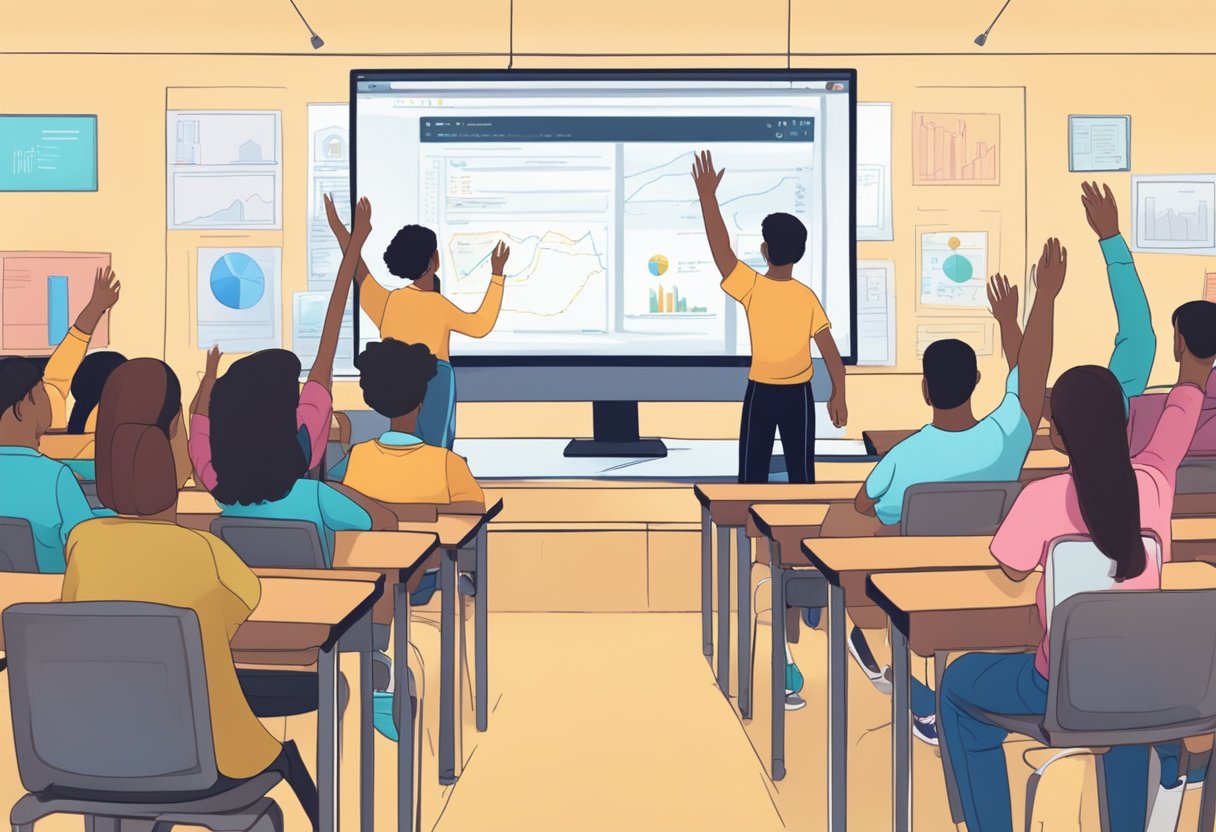 Classroom Planning Software: Streamlining Lesson Organisation for Teachers classroom planning,classroom management,classroom LearningMole Classroom Planning Software: A classroom with a computer screen displaying a software interface, surrounded by students raising their hands