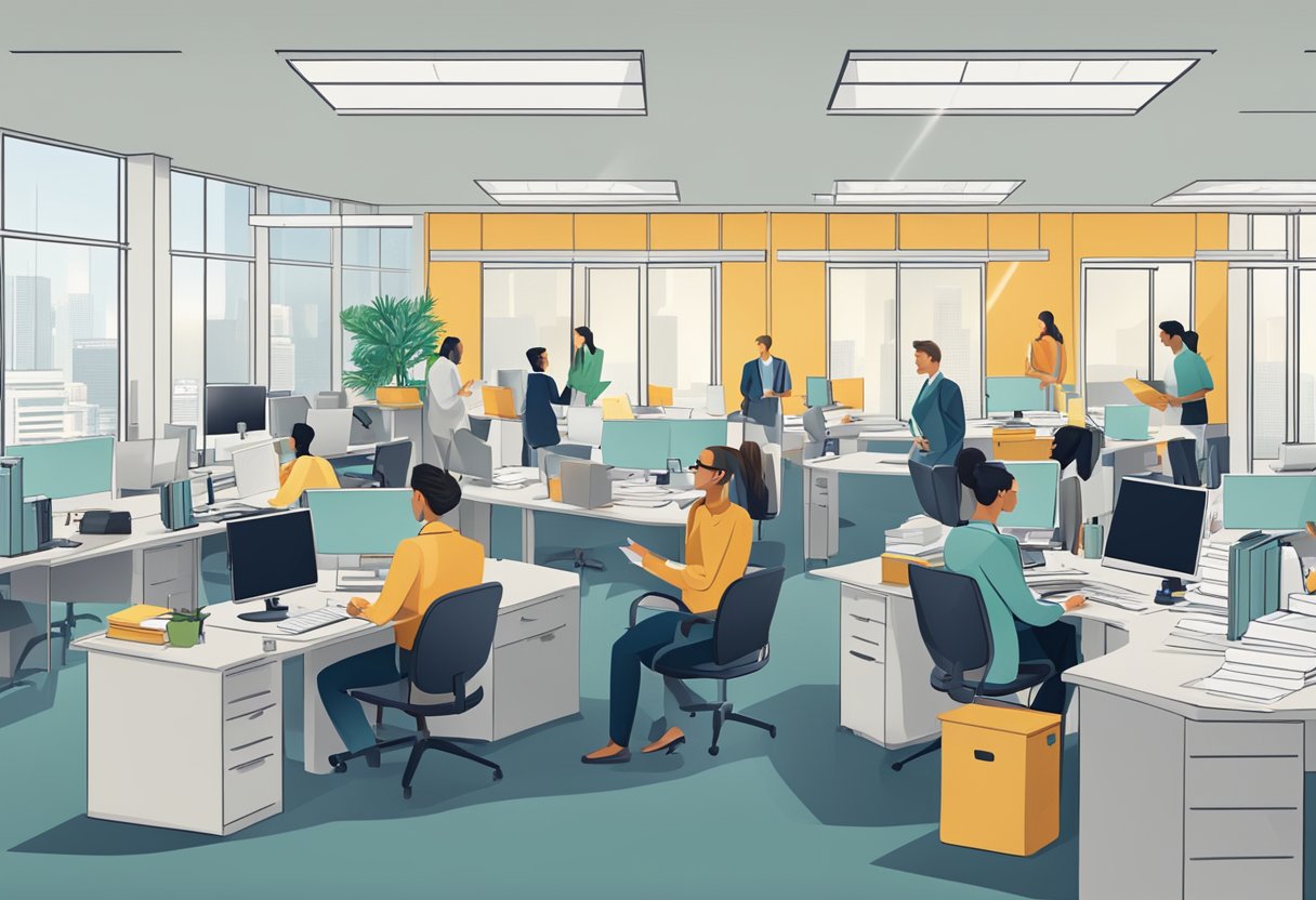 Department Resource Access: Simplifying Team Workflow LearningMole Department Resource Access: A busy office with employees accessing resources and discussing assistance programs