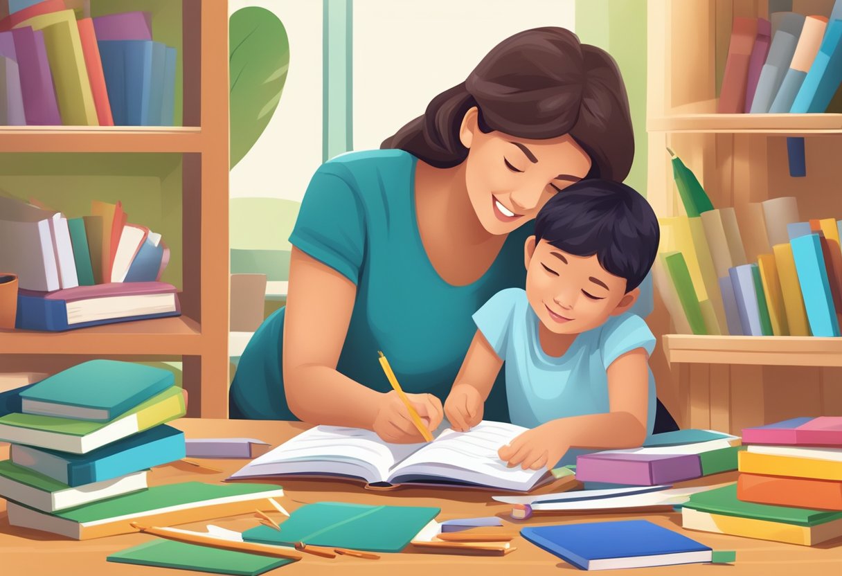 Parent Teaching Subscription: Guide to Nurturing Young Minds at Home Parent teaching,education LearningMole A stack of colorful educational materials arranged in age-appropriate sections, with a parent and child engaging in learning activities