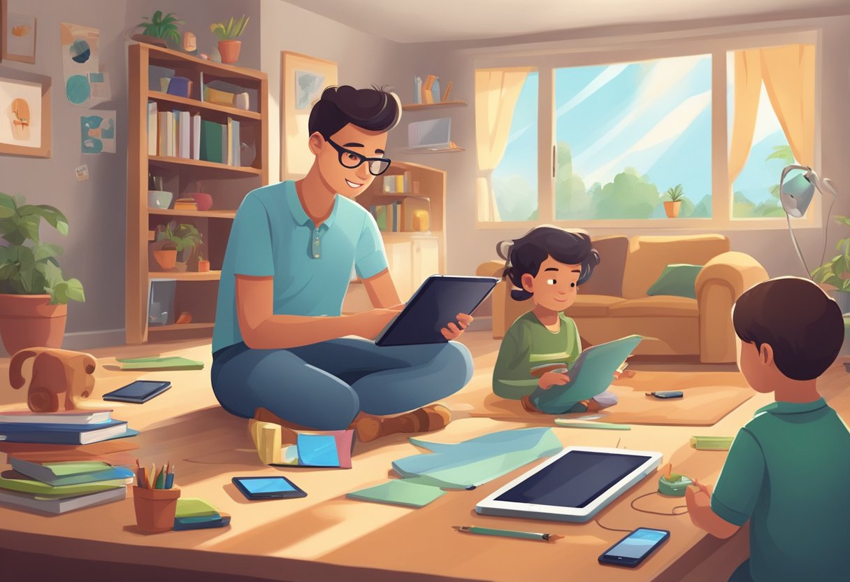 Parent Teaching Subscription: Guide to Nurturing Young Minds at Home Parent teaching,education LearningMole A parent uses a tablet to teach a child about technology, with various electronic devices and gadgets scattered around the room