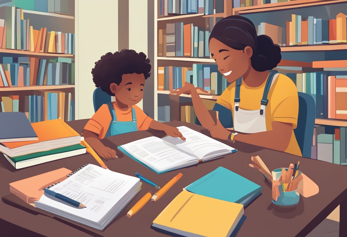 Parent Teaching Subscription: Guide to Nurturing Young Minds at Home Parent teaching,education LearningMole A parent and child sit at a table, surrounded by books and educational materials. The parent gestures to a workbook, while the child looks engaged and attentive