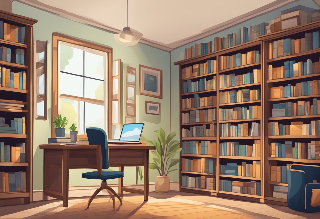 Home Education Resources Access: Unlocking A World of Learning at Home home education,homeschooling,online LearningMole Home Education Resources Access: A cozy home library with shelves of books, a writing desk, and educational posters on the wall. A laptop and notebooks sit ready for use