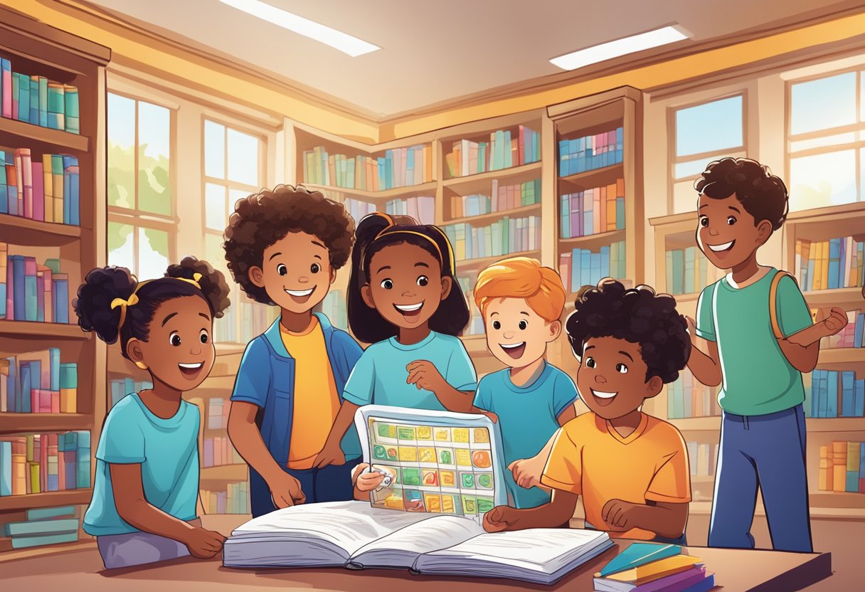 Educational Games Membership: Unlock a World of Learning Fun! Educational Games,games LearningMole Educational Games Membership: A group of diverse children excitedly exploring a colorful library of educational games, with a sign promoting a membership program
