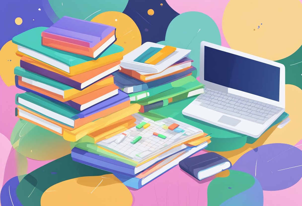 Learning Support Subscription: Boost Your Studies with Personalised Help learning support,education LearningMole Learning Support Subscription: A stack of colorful textbooks and a computer with open tabs on an online learning platform. A calendar with marked dates and a clock showing different times