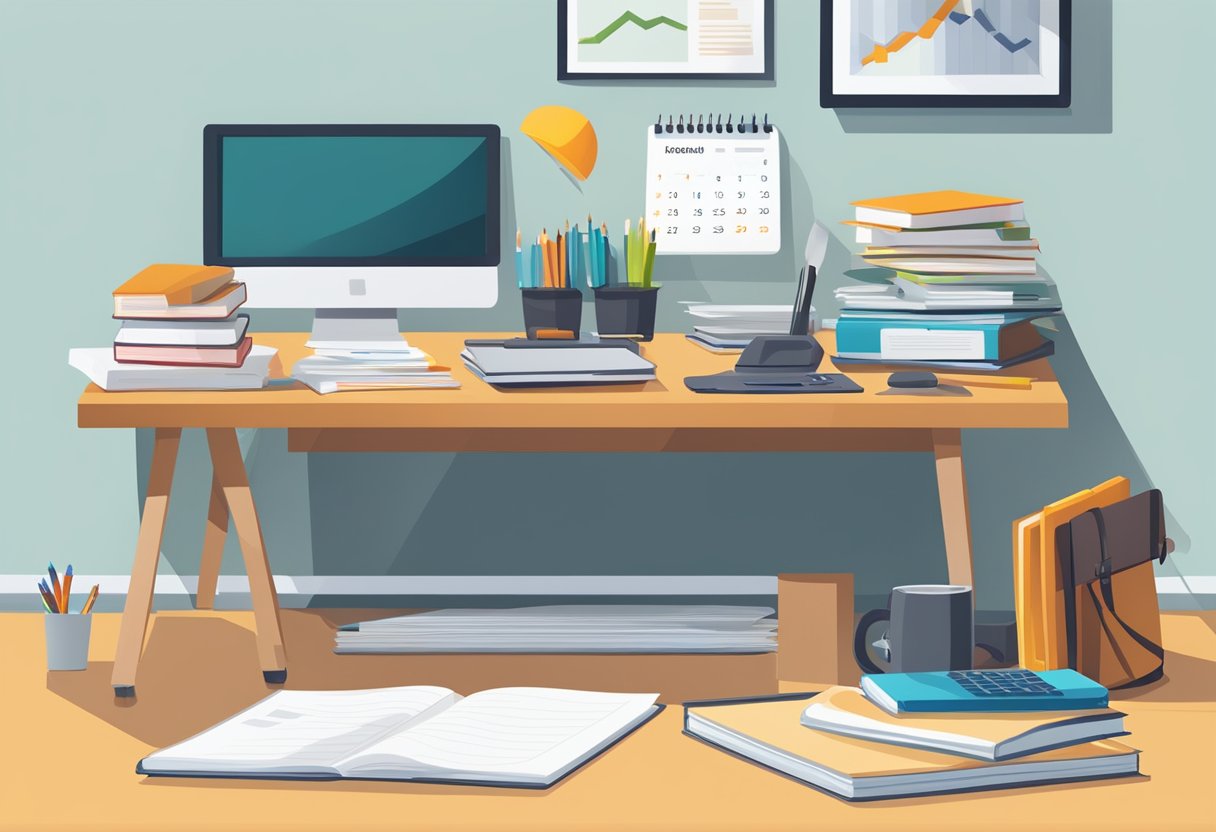 Learning Support Subscription: Boost Your Studies with Personalised Help learning support,education LearningMole Learning Support Subscription: A desk with a computer, notebook, and pen, surrounded by office supplies and a calendar. A stack of books on business and productivity sits nearby