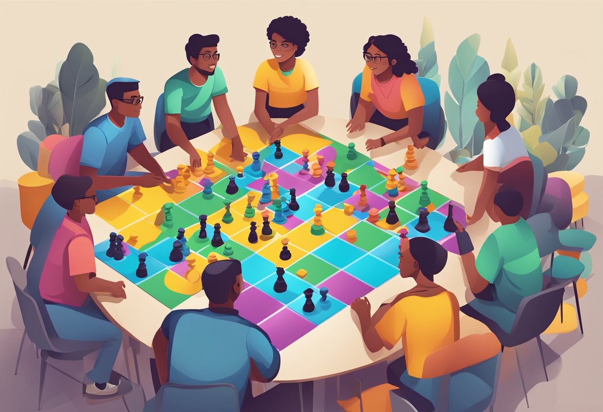 Interactive Learning Games Access: Enhancing Education through Play learning games,educational games,maths LearningMole Interactive Learning Games Access: A group of diverse game pieces moving across a colorful game board, with players engaging in animated discussion and strategizing