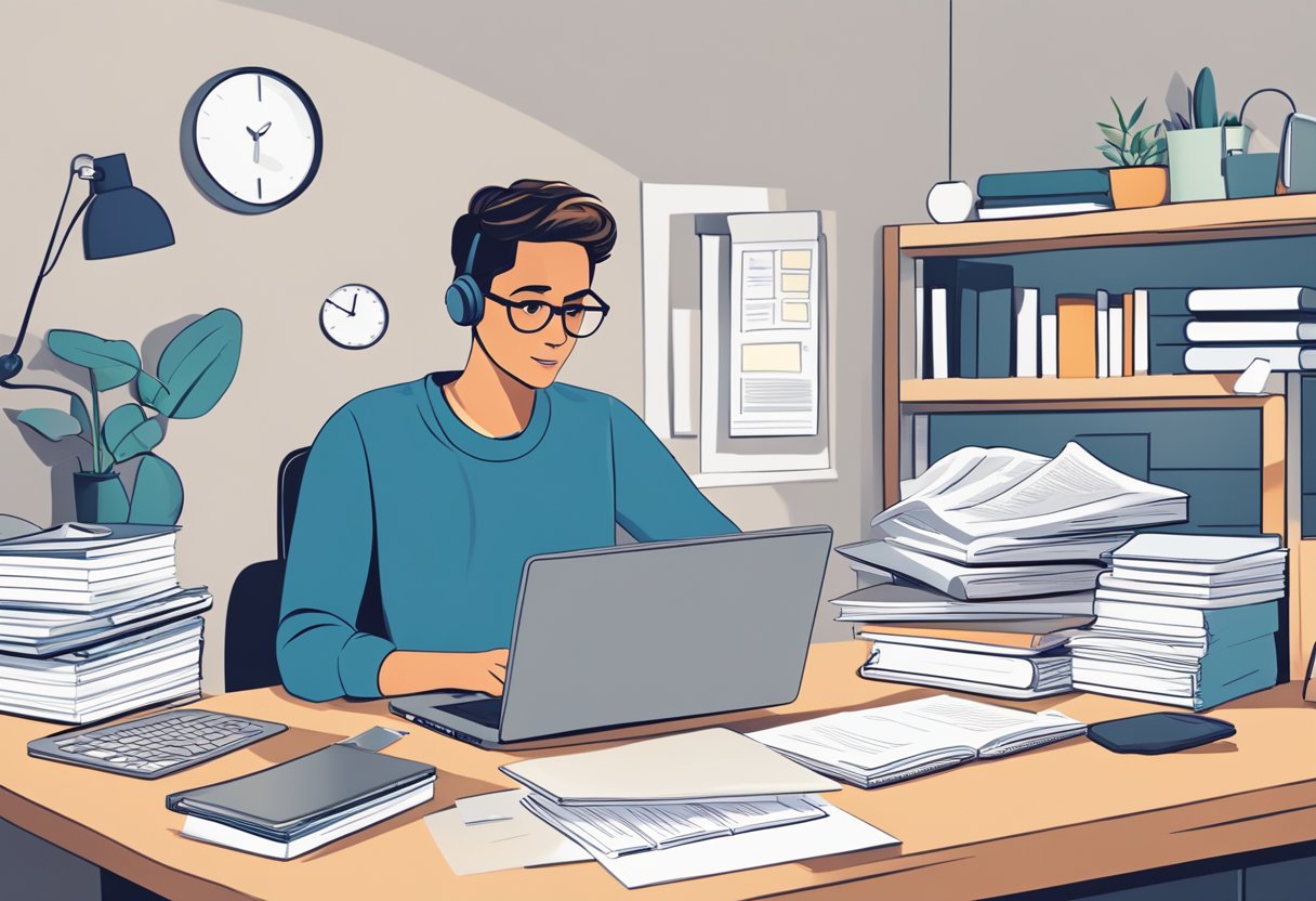 Efficient Lesson Planning Tools for Streamlined Education Management lesson plan LearningMole Efficient Lesson Planning Tools: A person at a desk with a computer, surrounded by papers and notebooks, researching keywords for lesson planning