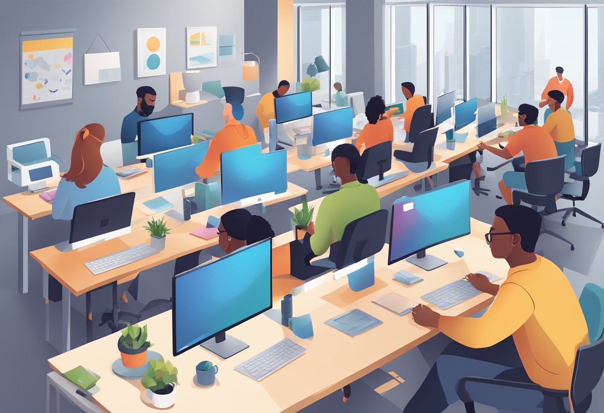 Professional Development Platform: Enhancing Career Growth Opportunities professional development,online learning,technology LearningMole Professional Development Platform: A group of diverse individuals engage in hands-on learning activities, working on computers and collaborating in a modern, open-concept workspace