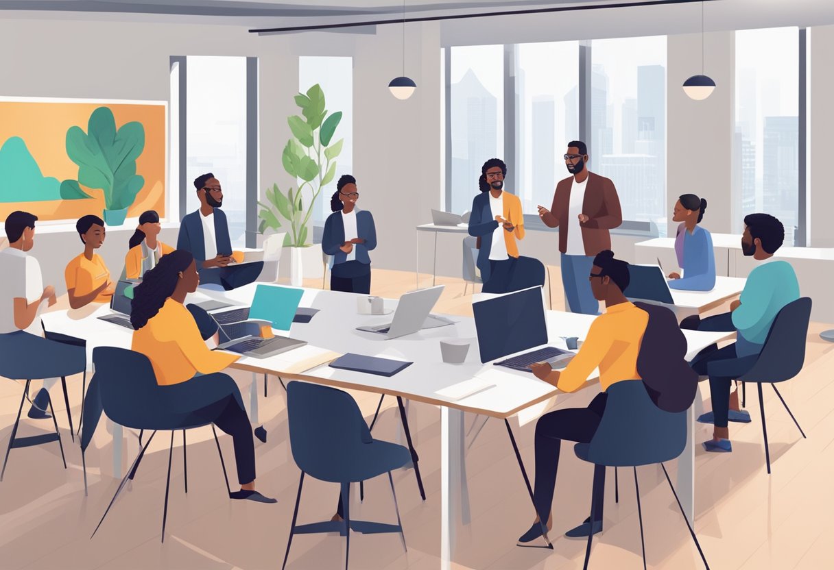 Professional Development Platform: Enhancing Career Growth Opportunities professional development,online learning,technology LearningMole Professional Development Platform: A group of diverse professionals engage in interactive workshops and presentations, utilizing technology and collaboration to enhance their skills and knowledge